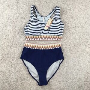 Dokotoo Womens Striped High Waisted Bikini Set Navy Blue White Large NEW